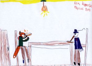 Ζωγραφιάς της φίλης μας Εύης εμπνευσμένη από τον μύθο "Η αλεπού και ο πελαργός"